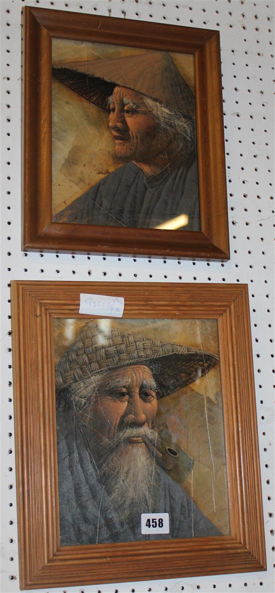 Pair of Chinese portraits on tobacco leaves(-)